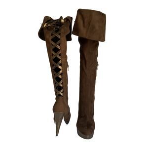 Bebe Brown Suede Over the Knee High Heel Boot with Back Lace-Up Festival Boho 8B